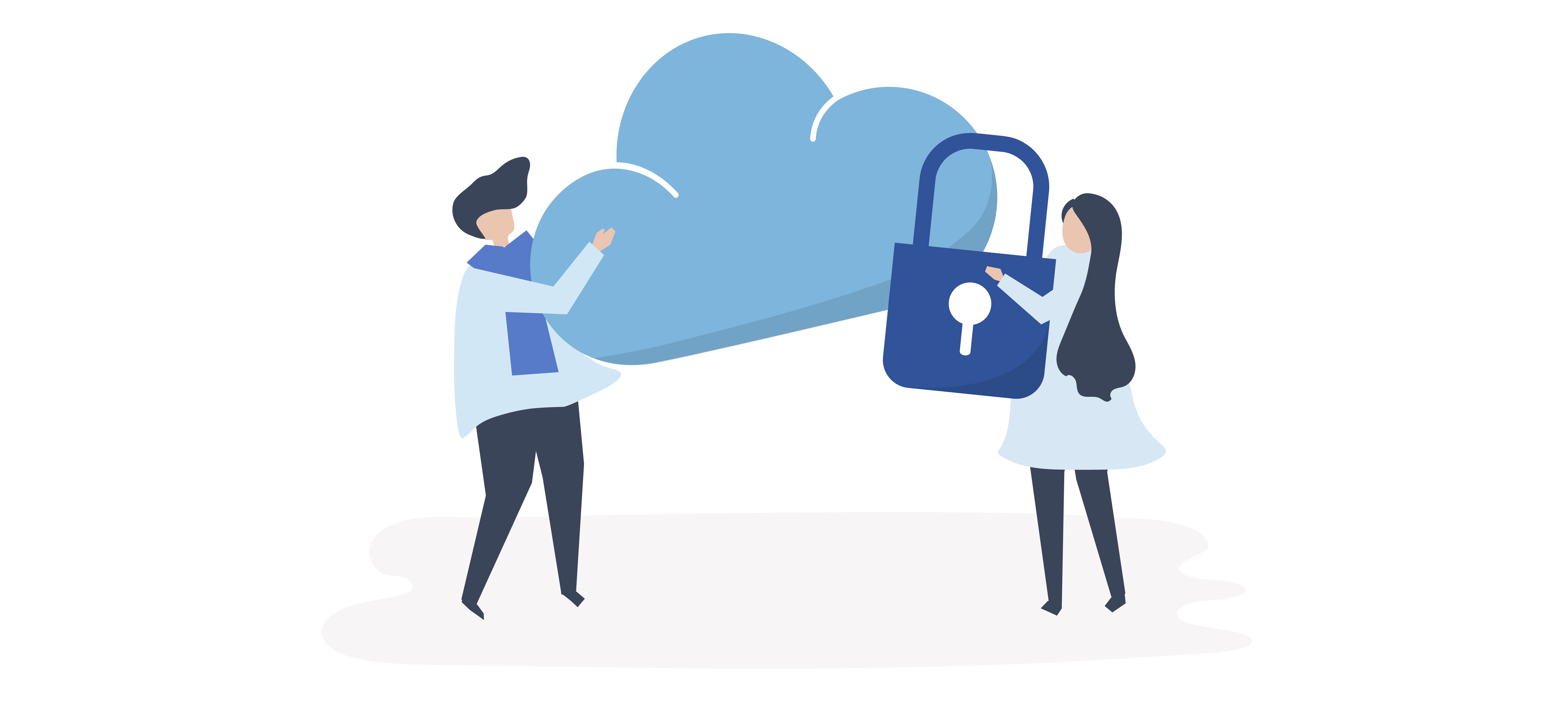 Characters of a couple and a cloud security illustration