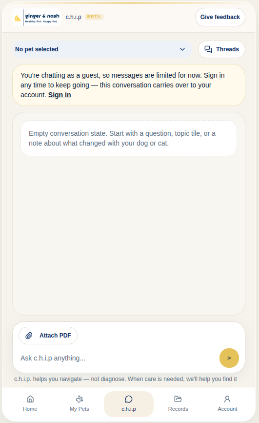 Ginger & Nash app screen